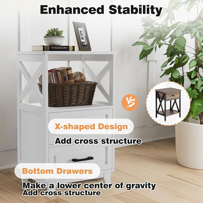 May in Color White Nightstand Set of 2, Tall Side Table, Farmhouse End Table with 2 Large Storage Drawers Cabinet, Wooden Rustic Bedside End Table for Bedroom, Home Office, White - Image 4