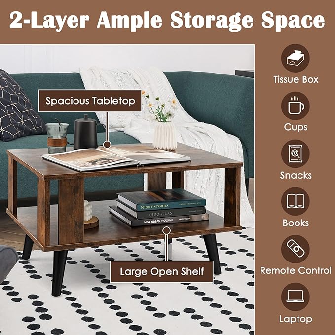 Tangkula Small Coffee Table for Living Room, 2-Tier Wooden Center Table with Open Storage Shelf, Side Baffle, Easy Assembly, Industrial Side Table for Small Space Bedroom (Rustic Brown)