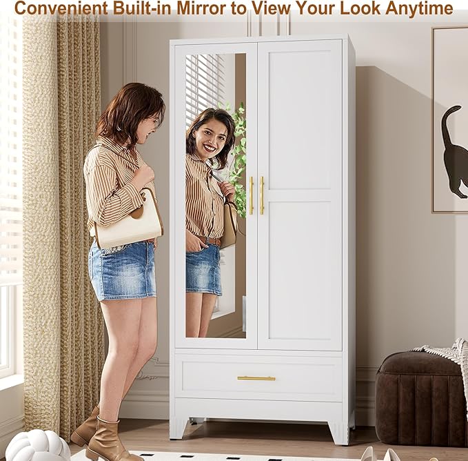 Metal Armoire Wardrobe Closet Storage Cabinet with Mirror White, 71'' Wardrobe Cabinet with Hanging Rod Metal Closet with Adjustable Shelf and Drawer for Bedroom, Laundry Room, Cloak Room
