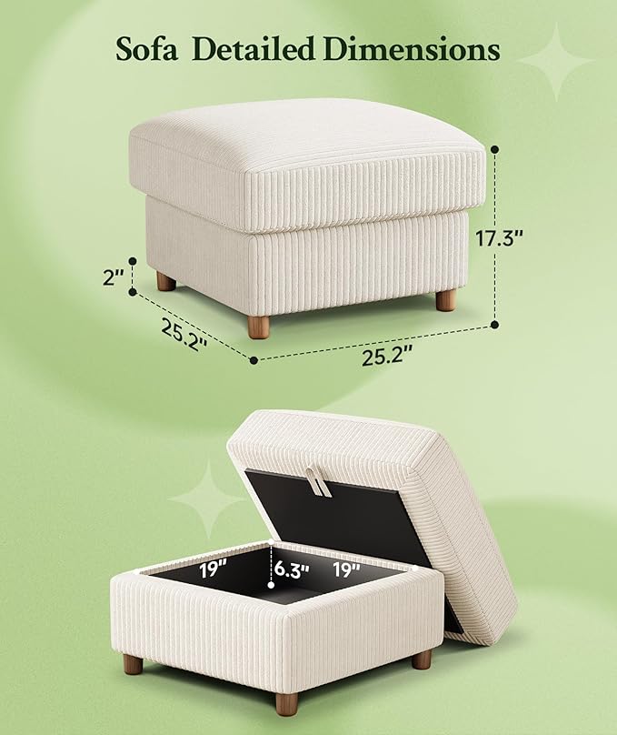 25.2" Couches for Living Room, Comfy Beige Ottoman with Storage, Foot Rest Tool-Free Setup, Small Ottoman Foot Rest for Couch, Corduroy Couch for Bedroom, Apartment, Office