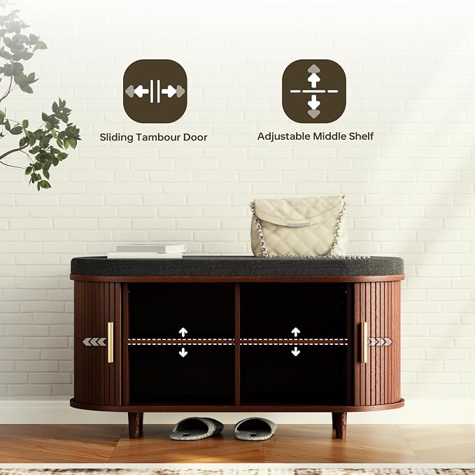 DHH 2-Tier Storage Bench,Wide Shoe Bench with Thickened Padded Seat Cushion, Mid Century Modern Fluted Sliding Door and Adjustable Shelf, for Entryway, Living Room, Bedroom (Walnut, 35.4“) - Image 5