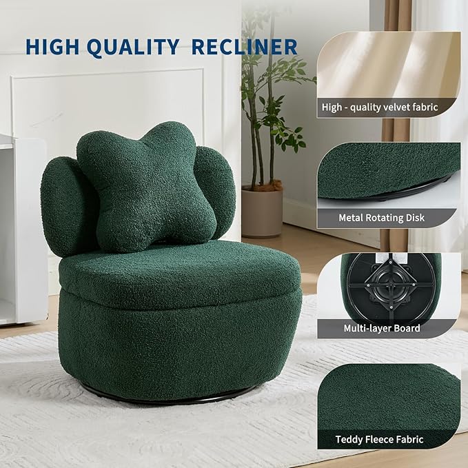 Teddy Velvet Swivel Accent Chair with Storage, 360° Rotating Ergonomic Armchair, Scratch-Resistant Upholstered Sofa Chair for Living Room, Bedroom, Nursery, Apartment or Small Spaces, 300 lbs Capacity