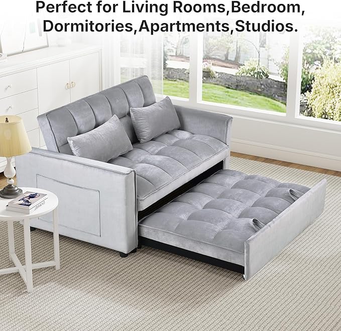 Rovibek 3 in 1 Sleeper Sofa Bed, 53'' Pull Out Couch Convertible Futon Loveseat with Adjustable Backrest, Velvet Sleeper Chaise Lounge Futon for Apartment Office Small Space, Grey