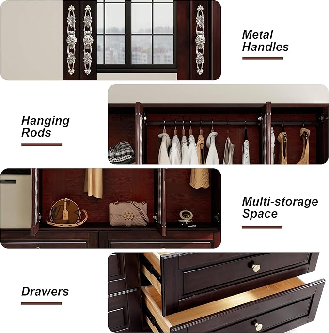 Solid Wood Armoire Wardrobe Closet, 4 Door Solid Wood Wardrobe Cabinet with 4 Drawers, Armoire Closet with Hanging Rods Storing Clothes for Bedroom (Dark Brown-7)