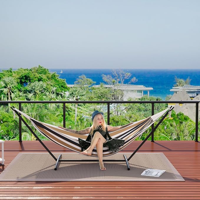 Double Hammock with Steel Stand - 2 Person Hammock Bed Indoor Outdoor, Brazilian-Style, with Carry Bag, 450lb Capacity, Portable & Easy Assembly, Coffee - Image 7
