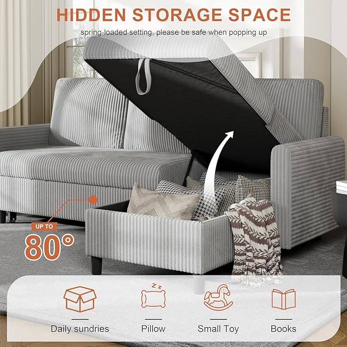 Shintenchi Futon Sofa Bed Convertible Couches L Shaped, 4‑in‑1 Sectional Sleeper Sofa Pull Out Couches for Living Room, Multifunctional Couch with Storage Chaise Corduroy Fabric, Light Gray