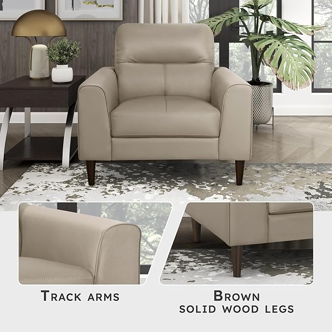 Lexicon Leather Match Accent Chair, Modern Sofa Armchair, Oversized Seat, Solid Wood Legs,Top Grain Leather Lounge Chair for Living Room, Bedroom, Office, Apartment, Waiting Room, Latte
