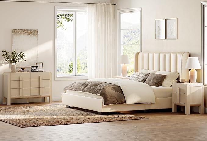 WAMPAT 3 Piece Dresser and Nightstand Sets for Bedroom, 47.2" W Modern 6 Drawer Dresser & 23.7” Tall Nightstand Set of 2 with Charging Station for Bedroom, Curved Profile Design, Beige
