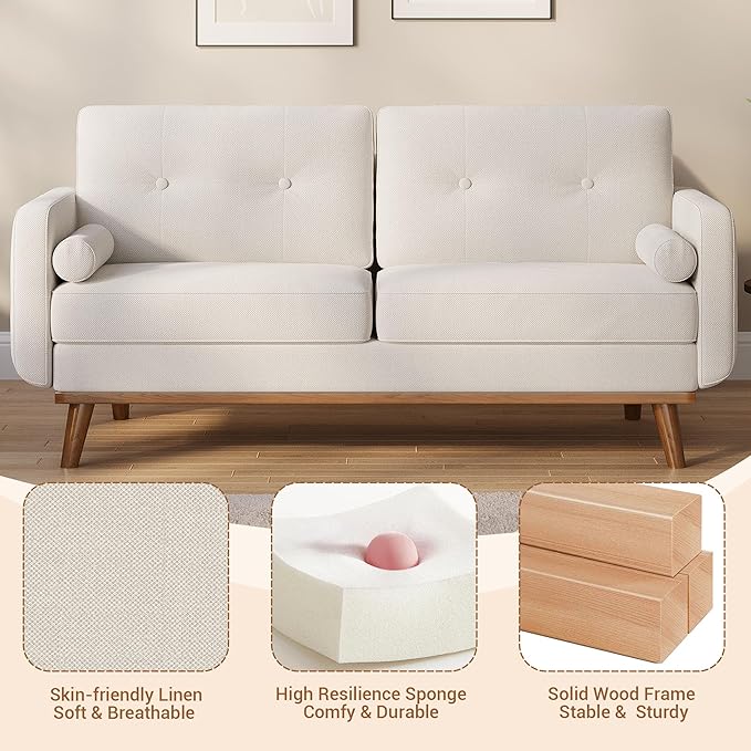 Garvee 65 in Mid Century Modern Loveseat Sofa for Small Spaces, 2 Seater Linen Upholstered Couch with Button Tufted Design & Wood Legs, Small Couch for Living Room, Bedroom, Office, Apartment, Beige