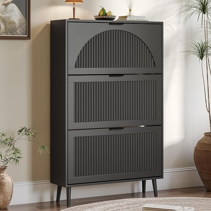 BORNOON Shoe Cabinet for Entryway with 3 Flip Drawers, Slim Wooden Shoe Storage Organizer with Modern Fluted Pannel，Freestanding Narrow Hidden Shoe Rack for Hallway, Foyer, Living Room by BORNOON