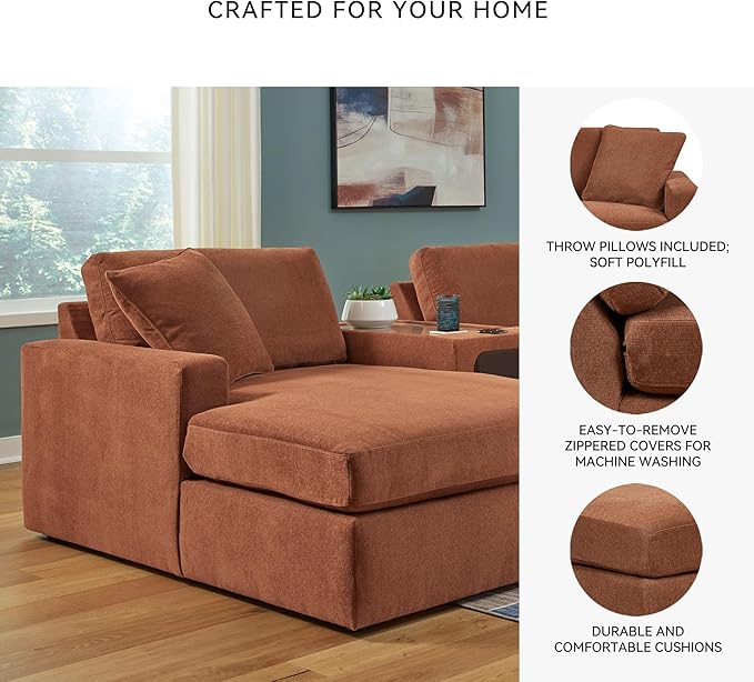 Signature Design by Ashley Modern Modmax Stain Resistant U-Shape Symmetrical 5-Piece Double Chaise with Audio Consoles and Reversible Cushion, Orange