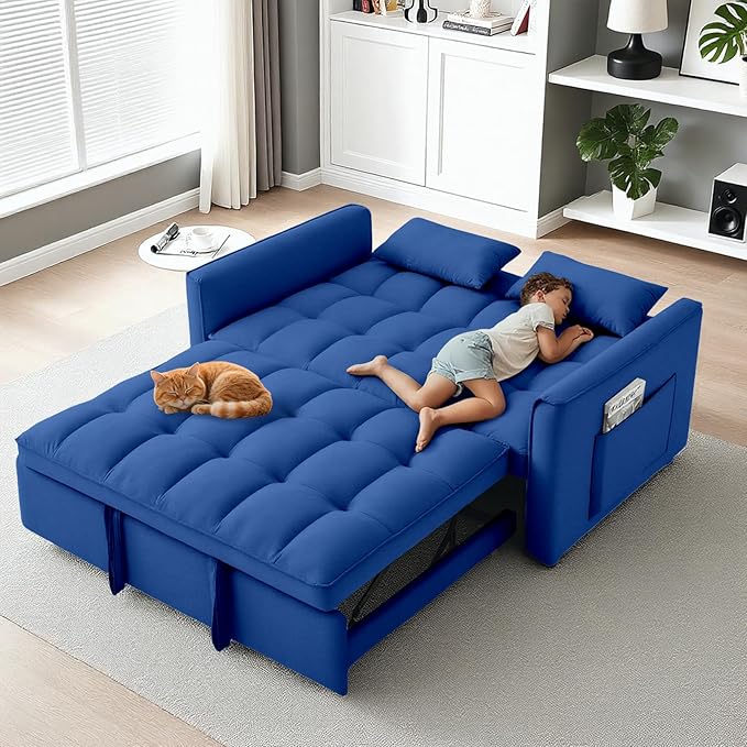 3 in 1 Pull Out Sofa Bed, 54" Sleeper Sofa Bed with 3-Level Adjustable Backrest, Velvet Fabric Loveseat Sleeper Couch for Living Room & Bedroom & Apartment & Dorm Furniture, Blue