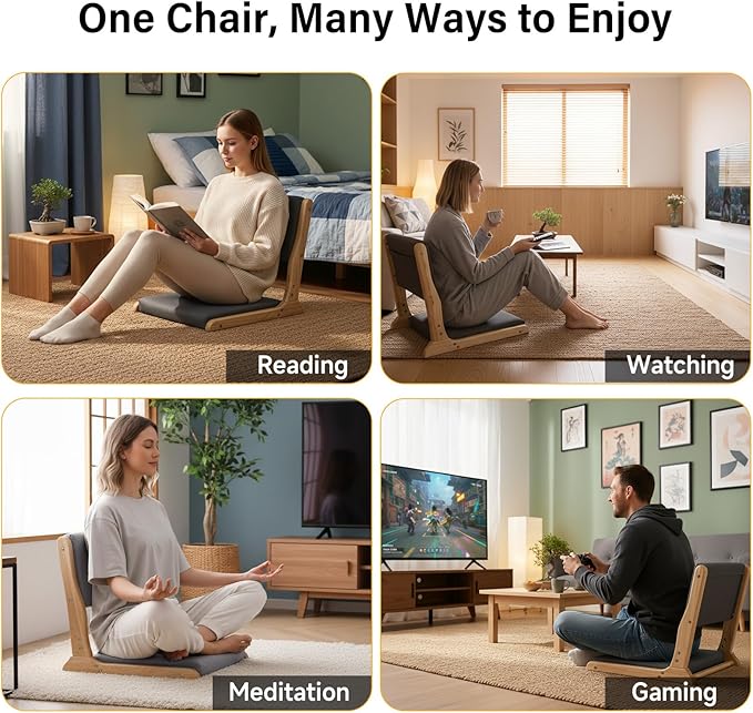 Tiita Foldable Tatami Chair, Japanese Floor Chair, Wood Legless Back Rest Chairs with Cushion, Accent Meditation Floor Chairs Bay Window, Wood Dark Grey