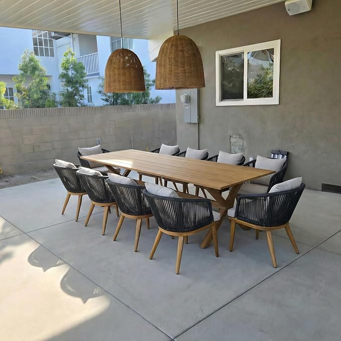 PURPLE LEAF 11 Pieces Patio Dining Set Wicker Outdoor Furniture Rectangular Table and Chairs Set for Garden Deck Teak-Finish Aluminum Frame Backyard Kitchen Set, Cushions and Pillows Included - Image 2