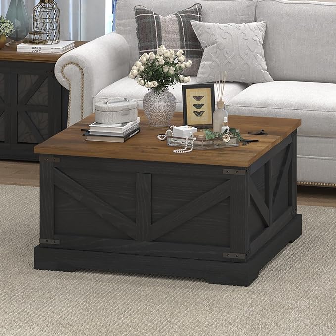 Farmhouse Coffee Table with Hidden Storage Compartment, Black Square Coffee Table for Living Room, Wood Center Table with Hinged Lifting Tabletop for Home