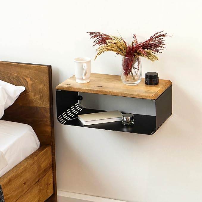 Floating Nightstand with Walnut Top | Modern Bedroom Decor | Minimalist Wall-Mounted Bedside Nightstand | Wall Mounted Shelf | Obsidian Oasis: Bold Black - Image 2
