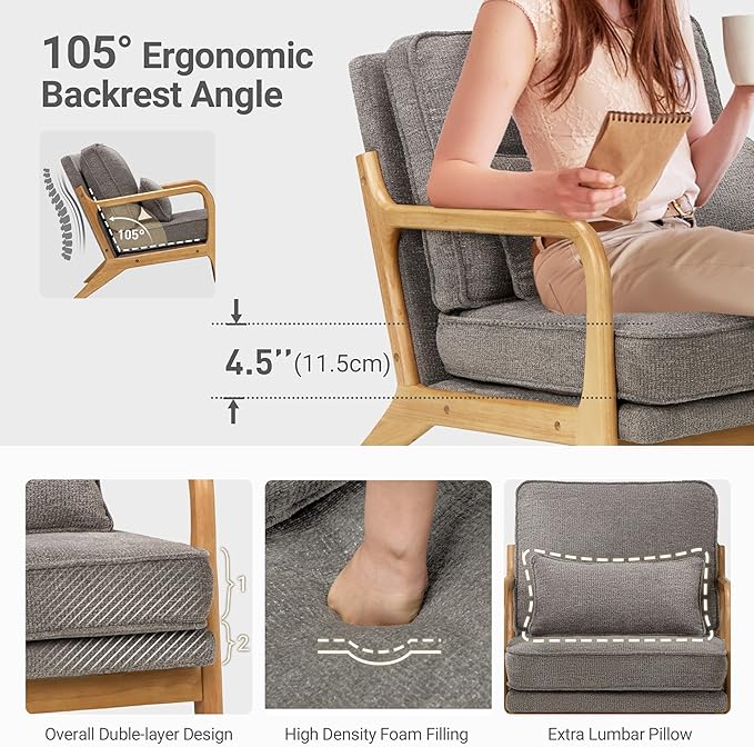 COLAMY Mid Century Modern Accent Chair with Lumbar Pillow, Relaxing Armchair with Solid Wood Frame & Soft Cushion, Reading Leisure Chair for Living Room,Bedroom,Waiting Room（Grey）