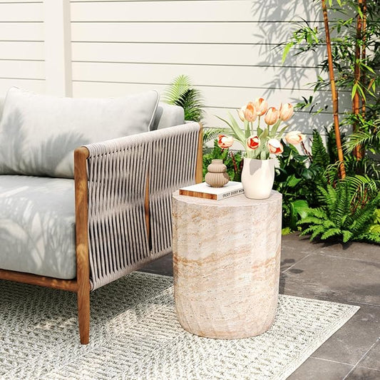 KEVINSPACE Small Side Coffee Table Outdoor MGO Round End Living Room Accent Sofa Bedside Couch Table Bedroom Apartment Indoor 15" W x18.5 H Beige Concrete