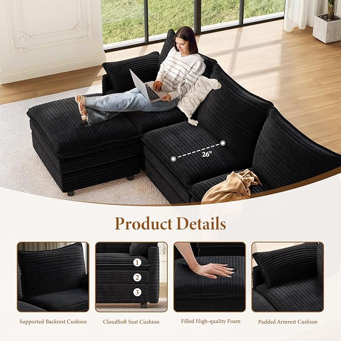 Vesgantti 108" Sectional Sleeper Sofa, 6-Seater Oversized Modular Cloud Couch with Movable Ottoman, Corduroy Large Sofa Bed Convertible Deep Seat Couches for Living Room, Bedroom and Apartment, Black