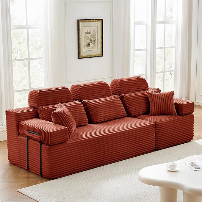 101" 3 Seater Sofa Cloud Modular Sectional Sofa with Chaise & Headrest, Boneless Deep Seat Plush Corduroy Couches for Large Living Room, No Assembly Required (Orange, 101" 3 Seater)