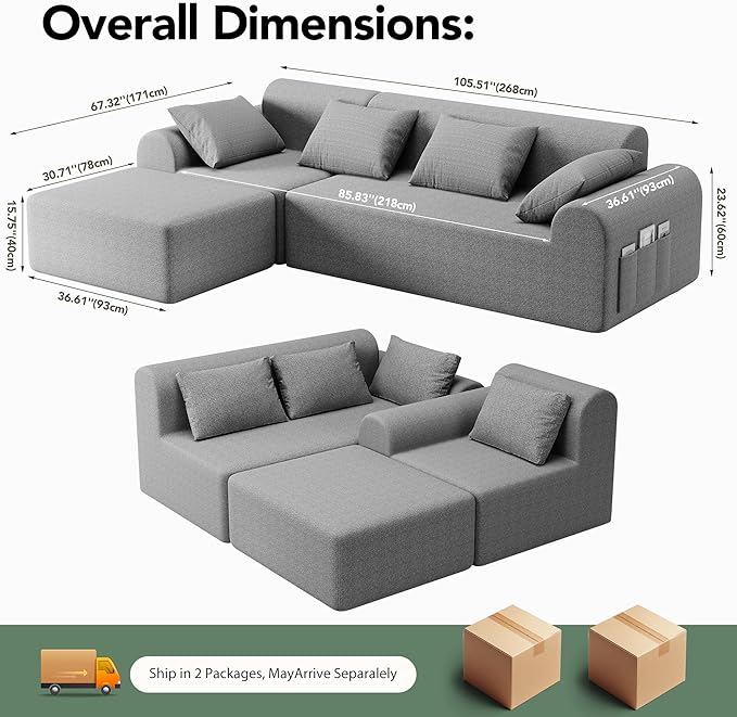 Rengue 105.5" Cloud Boneless Sectional Sofa for Living Room, 4-Seater L-Shaped Comfy Couch with Ottoman, 4 Pillows, Deep Seat Chenille Sofa, No Assembly Required (Light Grey) 72h to Restore