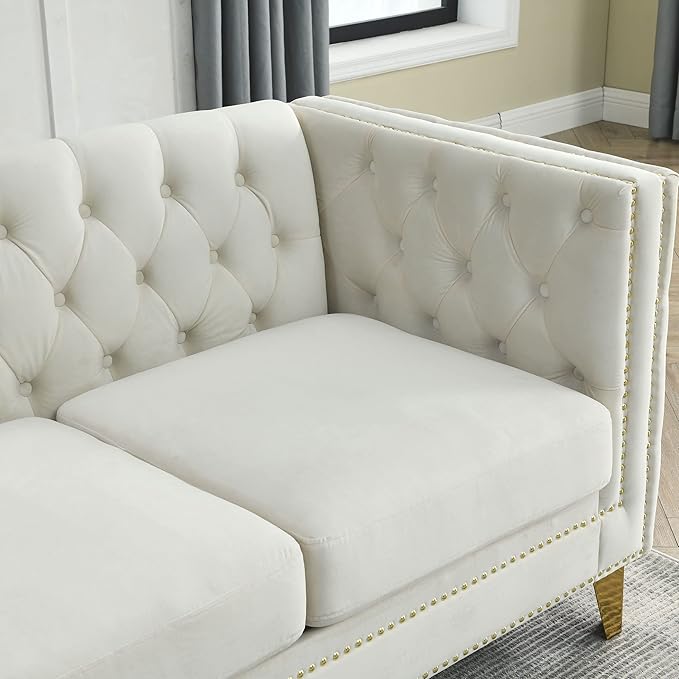 KEIKI Tufted Velvet 2 Seat Sofa Couch for Living Room, Buttons Tufted Square Arm Couch for Home Apartment, Beige