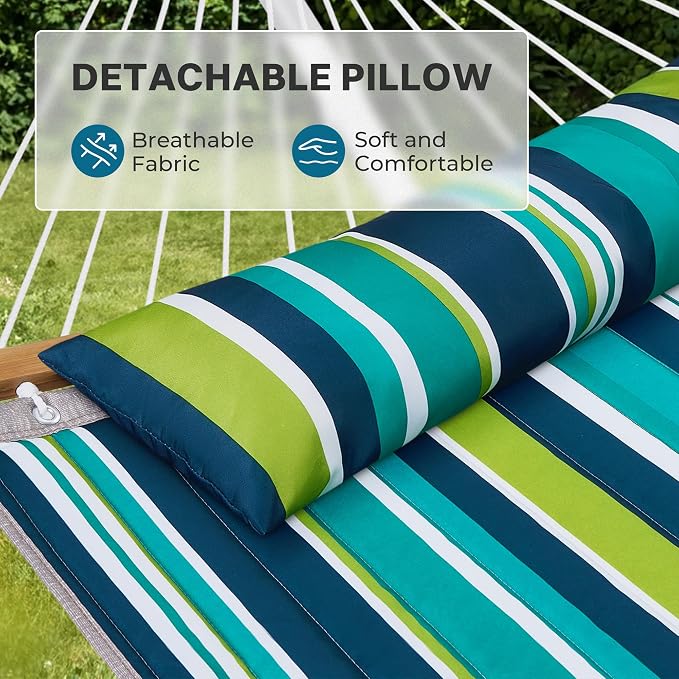 SUPERJARE Curved-Bar Hammock with Stand, 2 Person Heavy Duty Hammock Frame, Detachable Pillow & Portable Carrying Bag, Perfect for Outdoor & Indoor, Blue-Green Stripe - Image 4