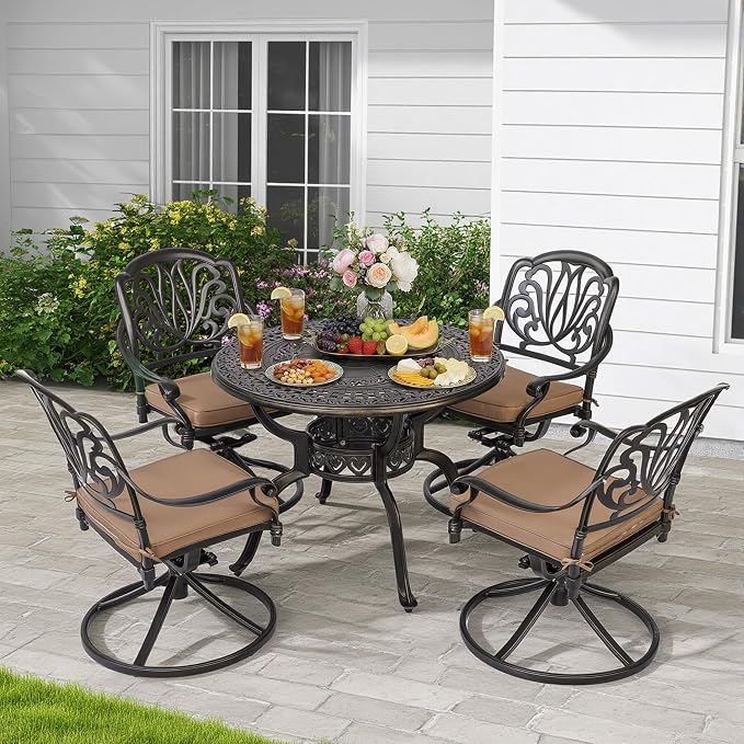 5-Piece Cast Aluminum Outdoor Patio Dining Set, All Weather Cast Aluminum Outdoor Furniture Dining Set for Patio, Balcony, Garden, Backyard w/4 Swivel Chairs & Cushions, 2.0" Umbrella Hole - Image 2