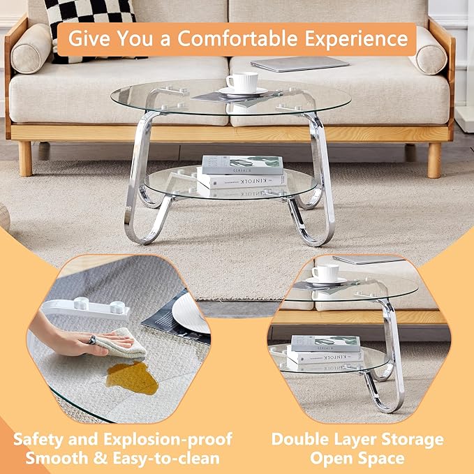 Glass Round Coffee Table for Living Room, 31.5 Inch Tempered Glass Top & Sturdy Metal Frame with Storage Shelf, Modern Small Center Table with 200lb Capacity, Quick & Easy Assembly