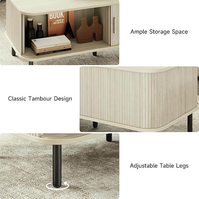 ONBRILL Coffee Table with Storage, 47.2" Mid Century Modern Coffee Tables for Living Room, Rectangle Wood Center Table with Sliding Tambour Door & Adjustable Leg for Living Room, Natural White