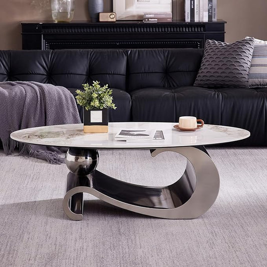 49.2-Inch Modern Oval Faux Marble Coffee Table with Sturdy Metal Base - Luxury Living Room Furniture for Home Decor | Scratch-Resistant & Easy Assembly, (Gray)