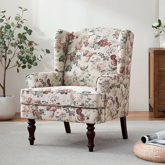 HUIMO Printed Wingback Accent Chair, Linen Upholstered High Back Armchair, Comfy Reading Chair for Living Room Bedroom Study, 300lbs Weight Capacity (1, Red Floral)