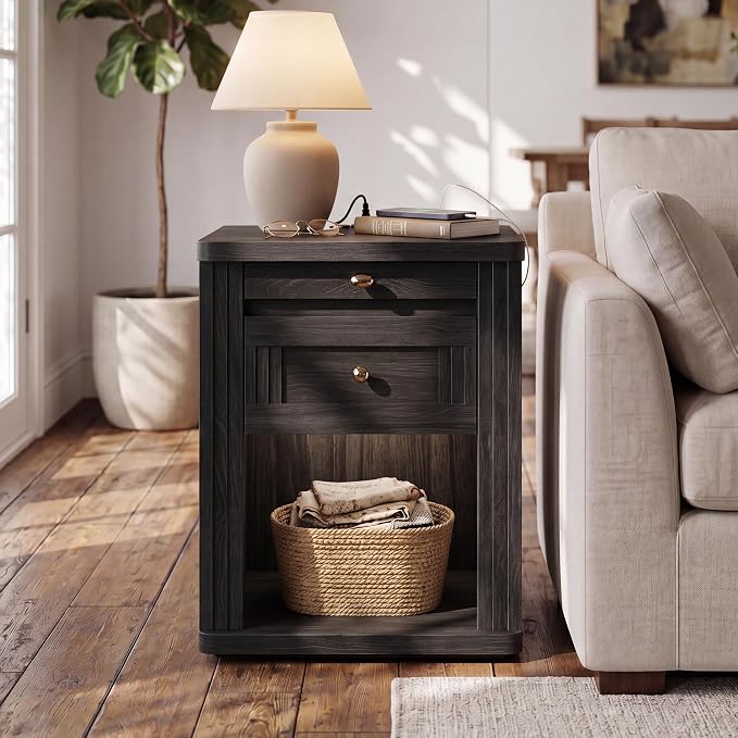 STO'SENSE Nightstands Set of 2, Narrow Night Stands with Charging Station & Led Light, Wood Nightstand Bedside Table with Drawers & Pull-Out Tray, End Table for Bedroom, Black - Image 4