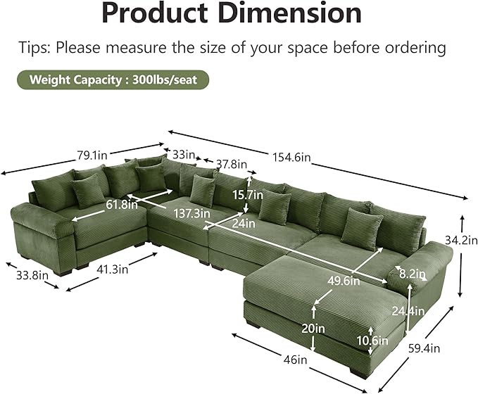 KEIKI 146" U-Shaped Oversized Corduroy Modular Cloud Sectional Sofa with 1 Ottoman, High-Density Foam Cushion, Extra-Thick Armrest, 5-Seater Fluffy Corner Couch with 18 Pillow, for Living Room, Green