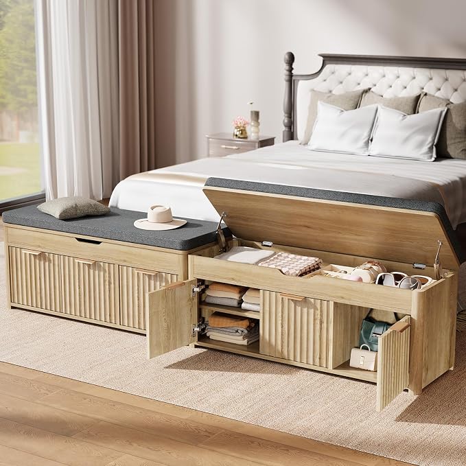 Shoe Bench with Storage - Lift Top Entryway Bench with Hidden Storage, Shoe Rack with Adjustable Shelves and Cushioned Seat, Wooden End of Bed Bench for Bedroom, Living Room and Hallway,Nature - Image 7