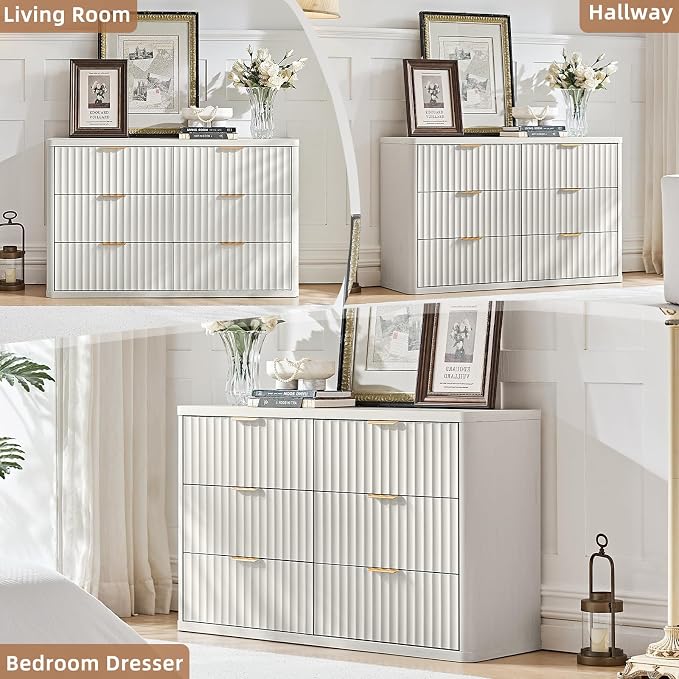 LEYAOYAO Fluted 6 Drawers Dresser Set of 2, 48" Wide Modern Chest of Drawers with Wood Grain Top, Curved Profile Design, Dresser TV Stand, Wooden Drawer Organizer for Bedroom, Living Room, White - Image 4