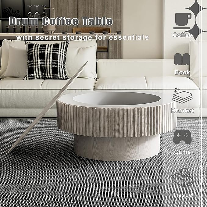 Round Coffee Table with Storage, Modern Wooden Coffee Table with Solid Wood Veneered, Circle Center Table Accent Tea Table for Living Room Small Space (31.5''L × 31.5''W × 14''H, Retro White)