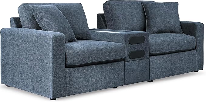 Signature Design by Ashley Modmax Contemporary Modular Stain Resistant 3-Piece Sectional with Audio Console, Drawer Storage, USB Ports and 2 Accent Pillows, Blue