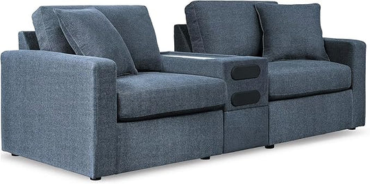 Signature Design by Ashley Modmax Contemporary Modular Stain Resistant 3-Piece Sectional with Audio Console, Drawer Storage, USB Ports and 2 Accent Pillows, Blue