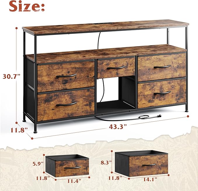 EnHomee TV Stand for Bedroom with LED Lights & Power Outlets, 5 Drawers Dresser Entertainment Center for 45/50" TV, Fabric Dressers with Storage Wood Shelves for Living Room,Dorm,Rustic Brown - Image 3