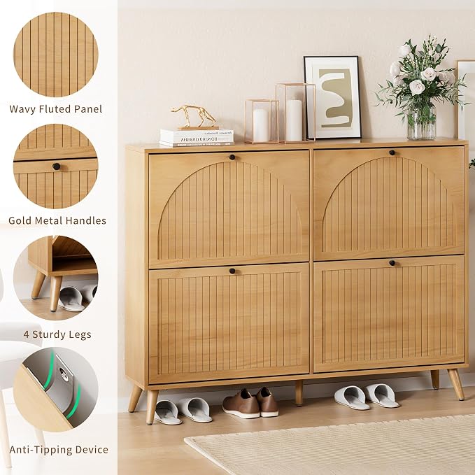 Fsbecl Shoe Storage Cabinet for Entryway with 4 Flip Drawers, Narrow Shoe Organizer with Fluted Panel, Freestanding Wood Hidden Shoe Cabinet (Wood Color, 4 Flip Drawers) - Image 4