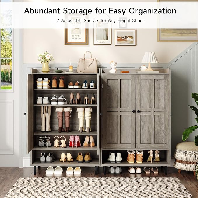 ONBRILL Shoe Cabinet with Cross Molding Doors, 6-Tier Shoe Storage Cabinet with 3 Adjustable Shelves and Metal Legs, 45'' Tall Shoes Rack Organizer Cabinet for Entryway, Front Door, Gray Wash - Image 2