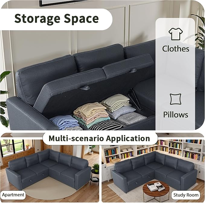 Sectional Sleeper Sofa with Pull Out Bed, L Shaped Pull Out Couch with Storage Chaise, 5 Seats Convertible Couch Bed for Apartment, Living Room, Dark Gray