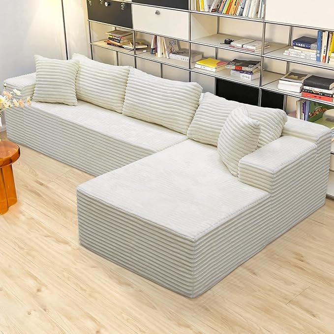 White sectional couches for Living Room Corduroy Couch，104" Cloud Sectional Couch with L-Shape Chaise， Modern Modular Sofa, Deep Seat Comfort, No Assembly Required(Plush Corduroy Fabric)