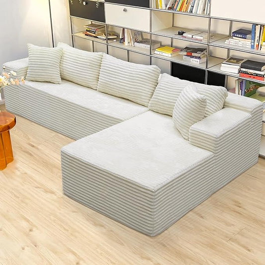 White sectional couches for Living Room Corduroy Couch，104" Cloud Sectional Couch with L-Shape Chaise， Modern Modular Sofa, Deep Seat Comfort, No Assembly Required(Plush Corduroy Fabric)