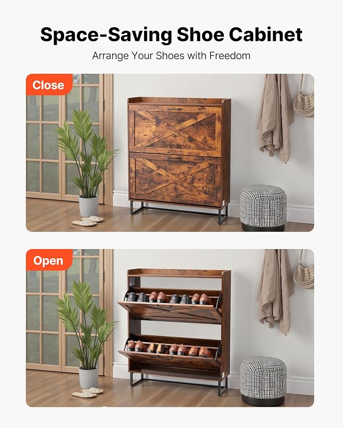 VEVOR Shoe Cabinet with 2 Flip Drawers, Farmhouse Shoes Storage Cabinet with Metal Legs and Anti-Tipping Device, Freestanding Shoe Organizer Ideal for Entryway, Hallway, Bedroom, Living Room, Brown - Image 6