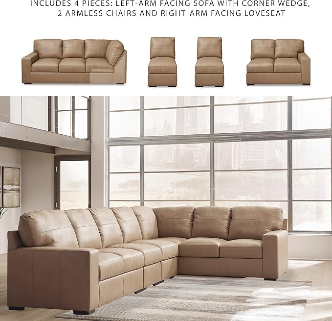 Signature Design by Ashley Bandon Modern Leather Match Left-Arm Facing 4-Piece Sectional with Removable Cushions and Armrest, Light Brown