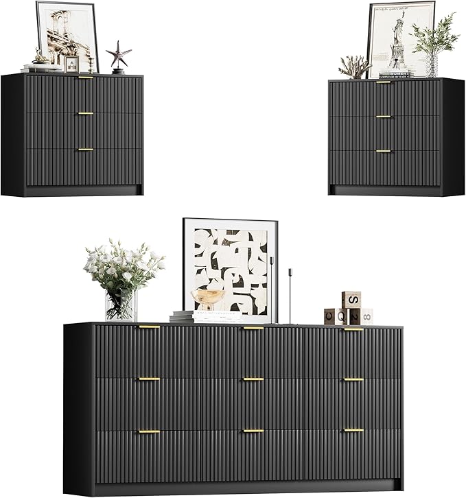 Furniway Black Dresser Bedroom Set 3 Pieces, Nightstands Sets of 2, 9 Drawer Dresser with Gold Handles for Bedroom