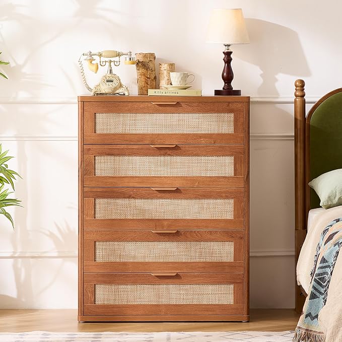 LEYAOYAO Rattan Dresser for Bedroom Set 2, 41" Tall Chest of Drawers, Modern 5 Drawers Boho Dressers with Storage, Light Oak Dresser Wooden Closet Organizer for Living Room, Hallway, Tea Brown - Image 4