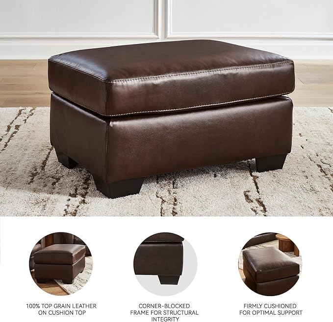 Signature Design by Ashley Santorine Classic Leather Match Rectangular Ottoman for Living Room, Dark Brown